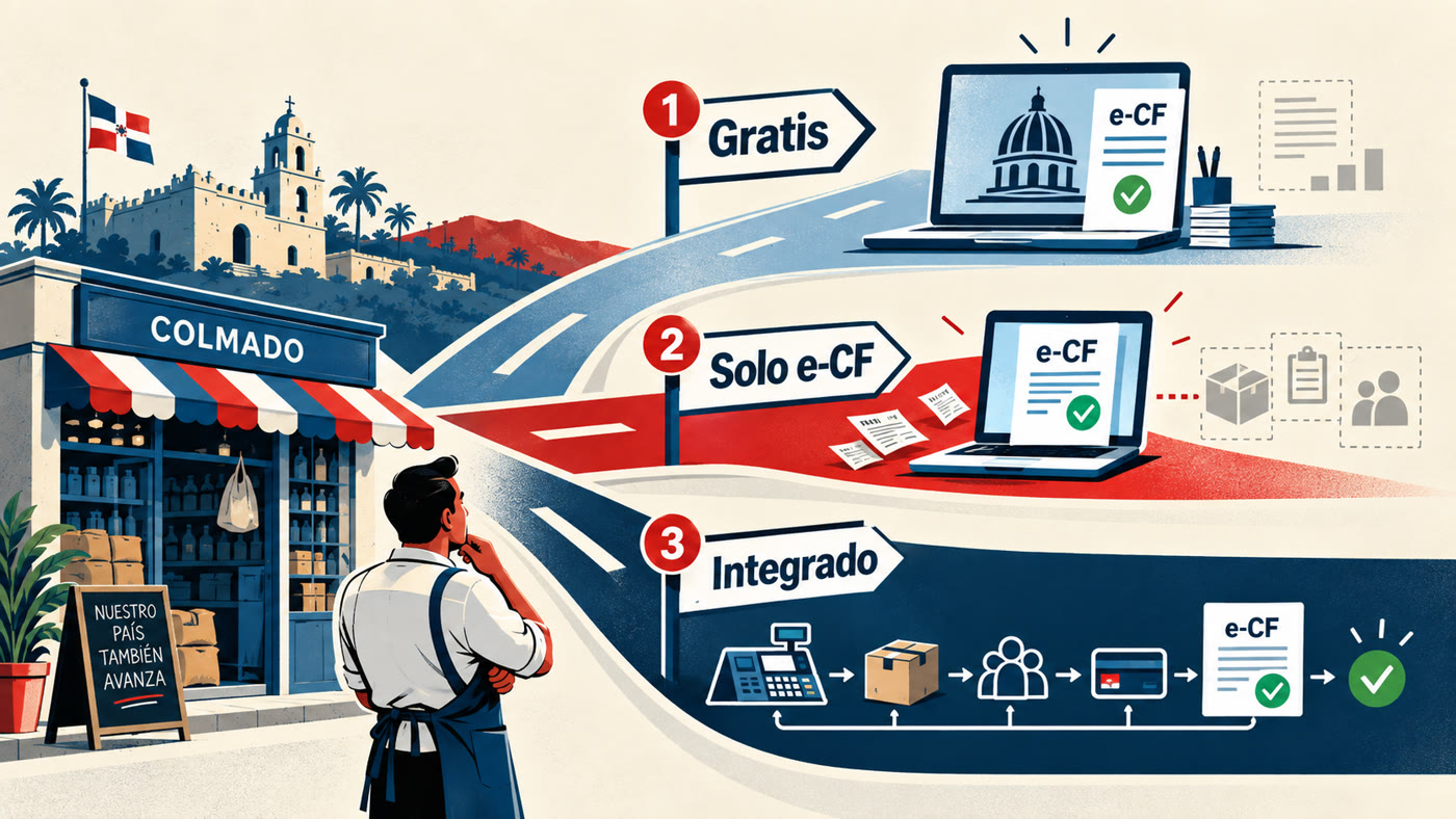 Ilustración: el dueño de un colmado mira tres caminos para emitir e-CF, señalados como Gratis, Solo e-CF e Integrado; el integrado une caja, inventario, clientes y cobro con el e-CF